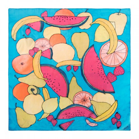 Hedvábný šátek Ovoce banán jablko letní ovoce meloun šátek hruška jahoda ručně malovaná vlaštovky 90x90 cm 