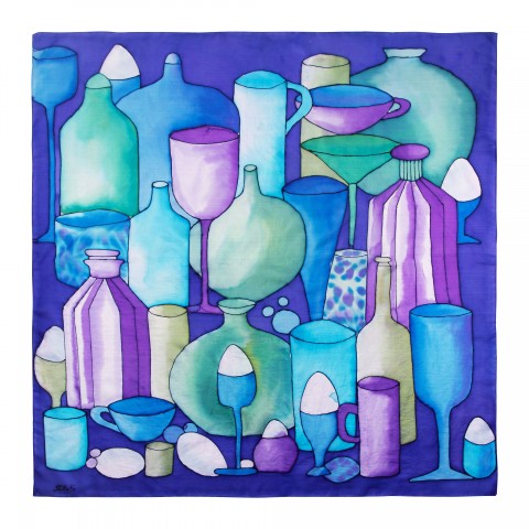 Hedvábný šátek Vratné lahve malované zelená obraz fialová sklenice hedvábí láhev šátek sklenička 