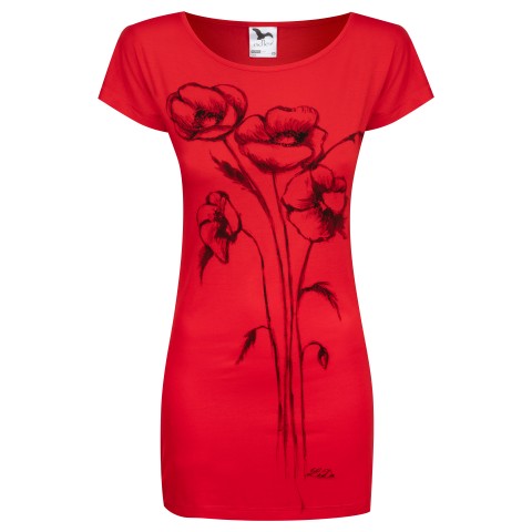Tričko šaty malované Vlčí máky červená letní květiny černá šaty lehké tričko vlčí máky 