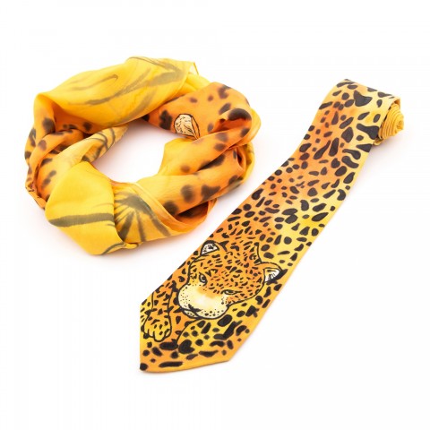 Set hedvábná šála s kravatou zvíře oranžová malba žlutá hedvábí šelma gepard 