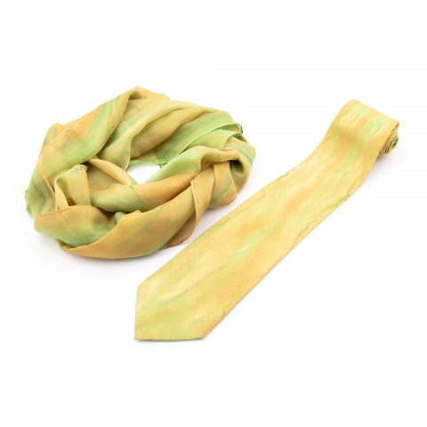 Set hedvábná šála a kravata Jaro zelená malba žlutá šála jaro béžová hedvábí kravata 