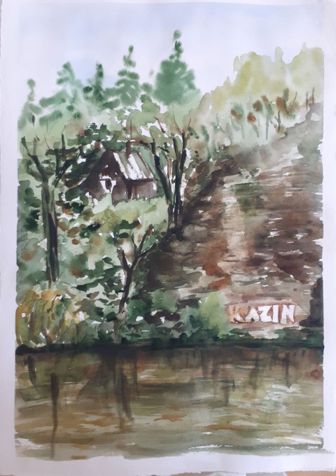 Akvarel originál Kazín papír obraz příroda krajina chata originál skála řeka akvarel berounka kazín 