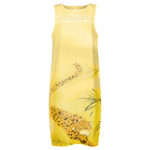 Malované lněné šaty Skrývám šelmu obraz přírodní žlutá len šaty šelma akvarel ručně malované divoká gepard 