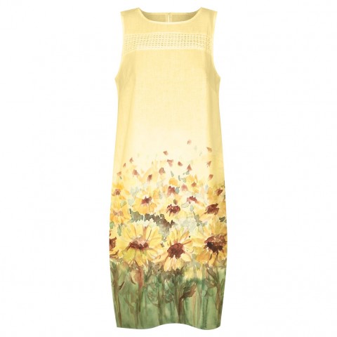 Malované lněné šaty Slunečnice obraz květiny slunečnice přírodní len šaty rozkvetlé pole žluté akvarel ručně malované 