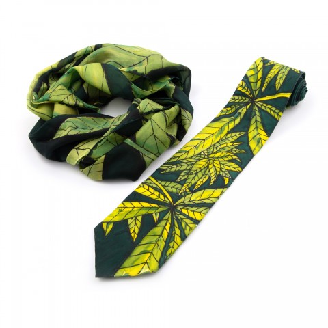 Souprava kravaty a šály Konopí dárek listy bílá veselé konopí šála souprava kravata hedvábná malovaná zeleň dvojice pár sladěný 