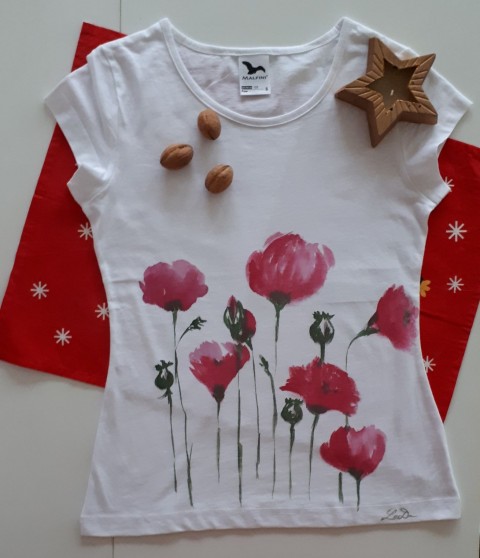 Tričko malované Makované červená malované letní bílá květiny tričko vlčí máky krátký rukáv dlouhý rukáv 
