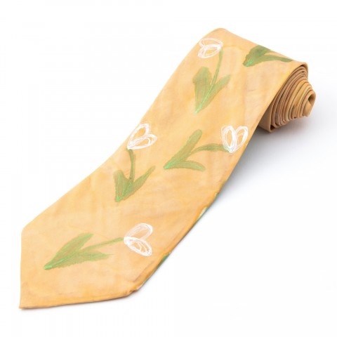 Hedvábná kravata Sněženky originální zelená bílá květiny béžová jemné kravata hedvábná abstrakce ručně malovaná 