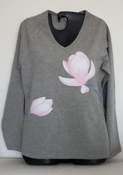 Tričko malované Magnolie ručně malované růžová letní bavlna bílá šedá květ šaty lehké tričko delší magnolie krátký rukáv dlouhý rukáv 