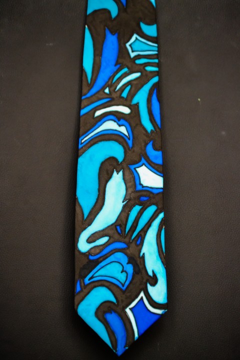 Kravata hedvábná Modrá abstrakce modrá černá kravata hedvábná abstrakce kresba kontura ručně malovaná 