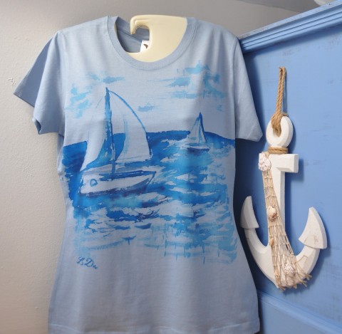 Tričko malované Vítr do plachet moře strom modrá bílá námořnické plachetnice dámské mořské lodě ručně malované 