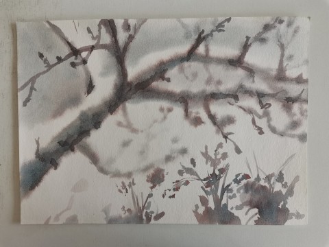 Obraz akvarel Zimní krajina 2 nálada sníh strom zima obraz malba přírodní krajina originál větev akvarel 