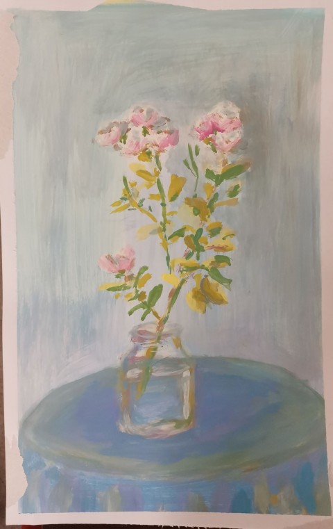 Obraz akryl originál Růžička modrá obraz malba růžová přírodní růže romantické akryl originál karton 