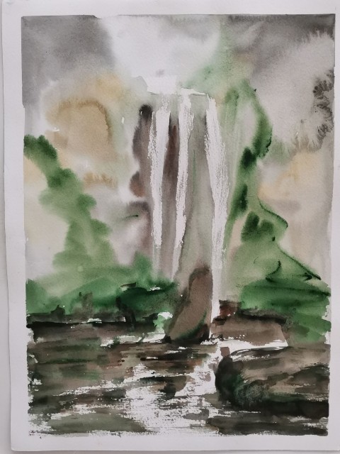 Akvarel originál Vodopád nálada obraz malba přírodní krajina originál vodopád akvarel 