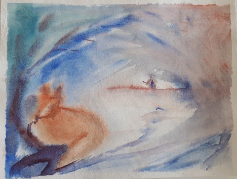 Akvarel originál Zimní motiv voda zvíře nálada obraz malba přírodní krajina zimní originál akvarel 