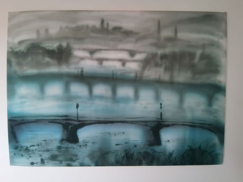 Hedvábný obraz Praha zádumčivá obraz malba romantické město hedvábí originál praha akvarel poetické velkoformát mosty 
