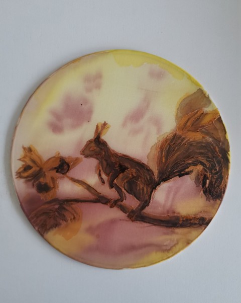 Hedvábný obraz Veverka kruh strom obraz malba hedvábí originál veverka roztomilé zvířátko 