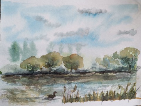 Akvarel originál U rybníka obraz malba krajina stromy originál rybník akvarel plenér 