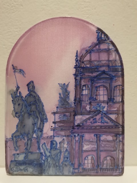 Hedvábný obraz Ráno obraz malba romantické město hedvábí originál praha akvarel poetické velkoformát mosty 