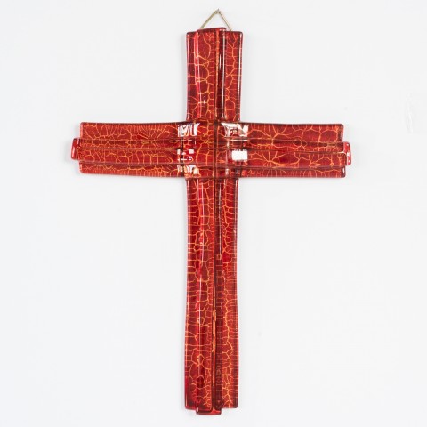 Skleněný kříž rubínový vrstvený m. originál ruční práce skleněný kříž kříž na zeď kříž na stěnu 