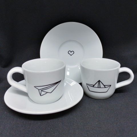 Šálky na espresso, sada pro dva origami hrnek srdíčko loďka láska zamilované srdíčka sada loď valentýn porcelán hrníček štěstí set dvojice podšálek vlaštovka pár šálek porcelánové 