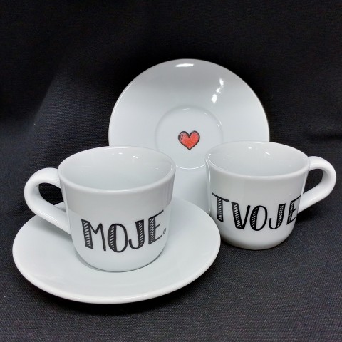 Šálky na espresso, sada pro dva hrnek srdíčko jmenovka láska zamilované srdíčka sada valentýn porcelán hrníček štěstí nápis set dvojice podšálek vzkaz pár šálek porcelánové 