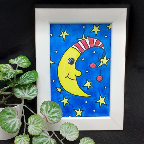 Měsíc, obrázek pro radost, 13x18 cm papír pestrobarevné obraz veselé měsíček obrázek barvy nebe hvězdy akryl noc měsíc obloha štěstí rámeček pohoda hvězdička hvězdičky optimismus 