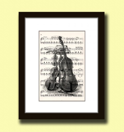 Tisk na starý notový papír 1900 housle papír dekorace dárek obraz vintage tisk originál hudba hudební koláž grafika umění noty antik 19.století starý nástroje rytina opera inkoust basa violoncello 