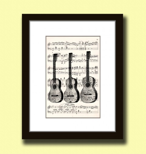 Tisk na starý notový papír - KYTARY papír dekorace dárek kytara obraz vintage tisk originál hudba hudební koláž grafika umění noty antik 19.století starý nástroje rytina opera inkoust španělská klasická 