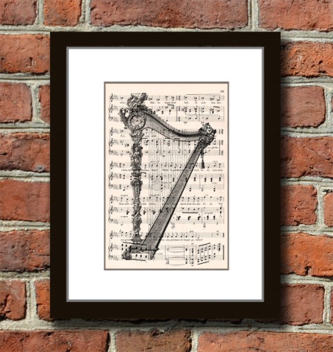 Tisk na starý notový papír - HARFA papír dekorace dárek víla obraz vintage anděl tisk originál hudba hudební koláž grafika umění noty antik 19.století starý nástroje rytina opera inkoust harfa 