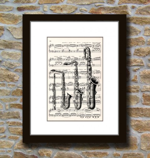 Tisk na starý notový papír-SAXOFONY papír dekorace dárek obraz vintage tisk originál hudba hudební koláž grafika umění noty antik 19.století starý nástroje rytina opera inkoust jazz saxofon armstrong 