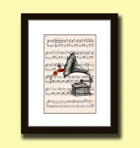 Tisk na notový papír z roku 1900 papír dekorace dárek obraz černá vintage tisk originál hudba hudební kolibřík koláž grafika umění noty antik 19.století starý nástroje rytina gramofon opera inkoust 