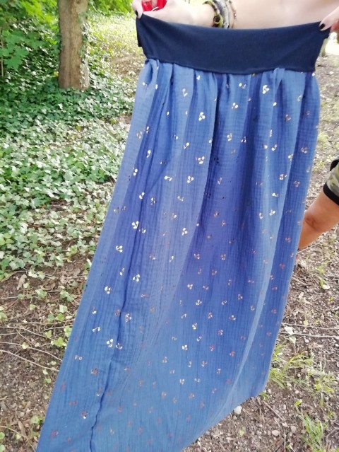 Šitá sukně-třešně metalické-jeans letní léto dlouhá 