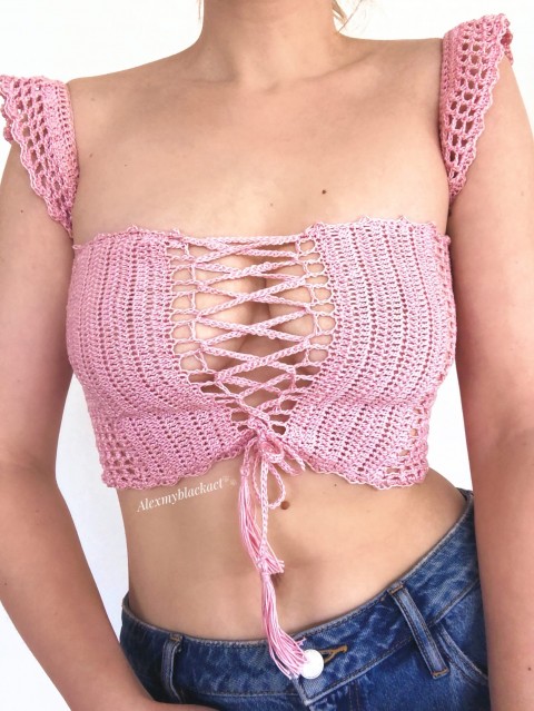 Ružový hačkovaný letní top na praní růžový top letní top crop top mentholový top top na praní na praní top hačkovaný hačkovaný top boho top 