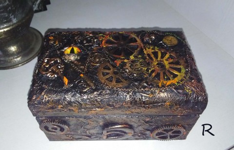 Krabička na čaje ve stylu Steampunk dřevěná krabička extravagantní steampunk šperkovnice ozubená kolečka na čaj barva mosazná 