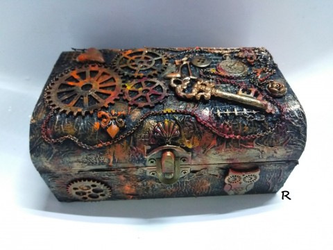 Truhlička ve stylu Steampunk dřevěná krabička extravagantní steampunk šperkovnice ozubená kolečka barva mosazná 