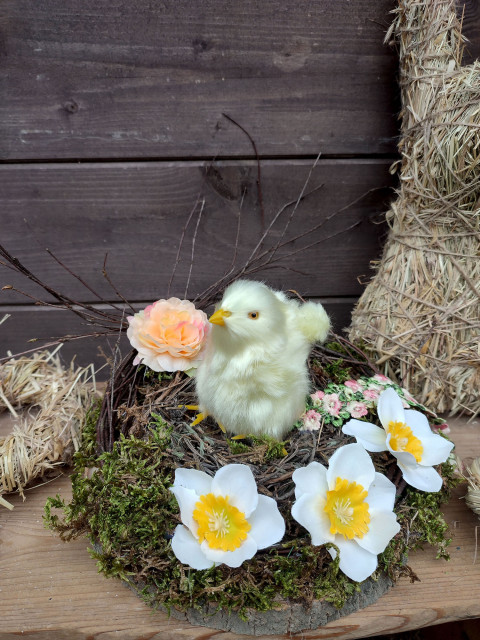 Velikonoční dekorace s kuřátkem dekorace jarní veselé velikonoce kuřátko mech velikonoční 