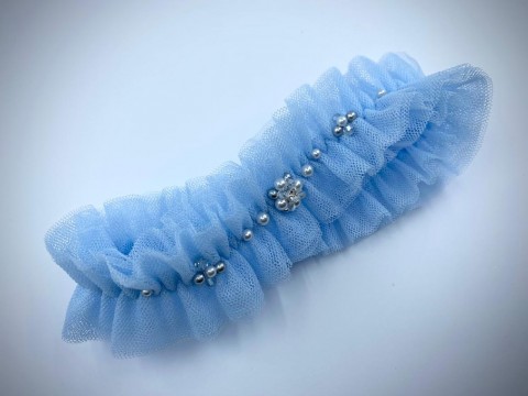 Svatební podvazek tylový šperk modrý ručně originální korálky elegantní svatba luxusní perličky svatební romantický vyšívaný na míru podvazek tylový svatební podvazky 