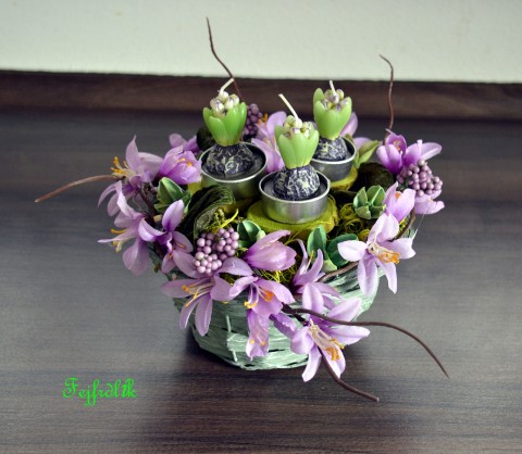 košíček s hyacinty (svíčky).. originální zelený svíčky košíček aranžmá jarní dekorace hyacinty dárek fialová 