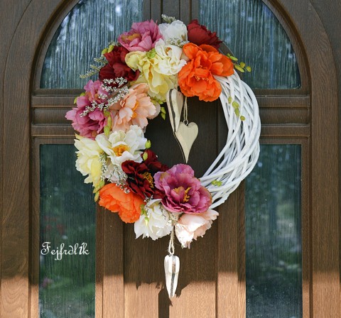 z léta do podzimu.. srdce dekorace pestrý bílý květinový celoroční máky na dveře trvanlivý ěnec 