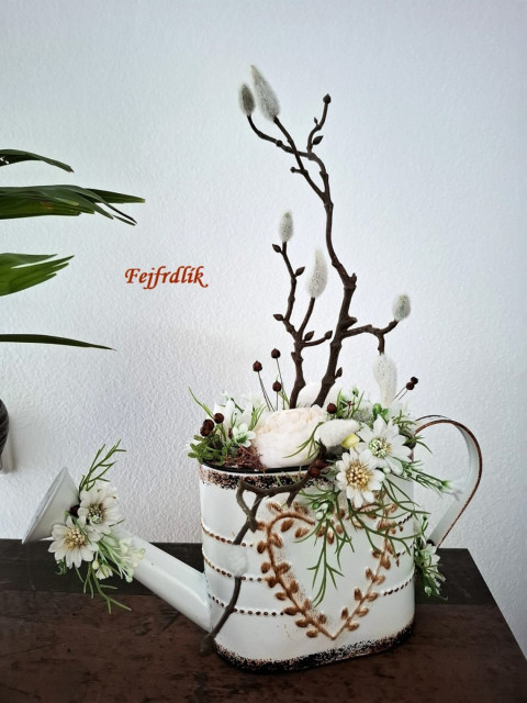 konvička ,,jaro,, jaro hnědobílá jarní dekorace aranžmá v konvičce dekorace domov 