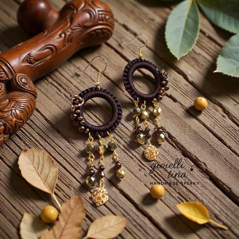 Čokoládové zlato šperky náušnice hnědé visací výrazné 