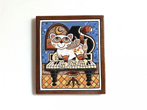 Keramický obrázek - Kočka a klavír keramika kočky kopretiny 