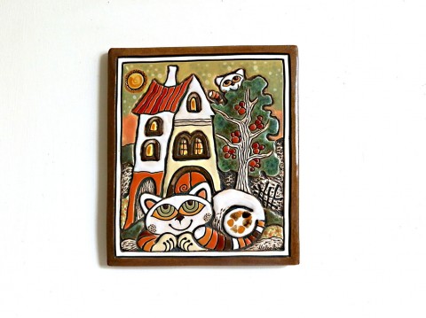 Keramický obrázek - Kočka a domek keramika kočky kopretiny 