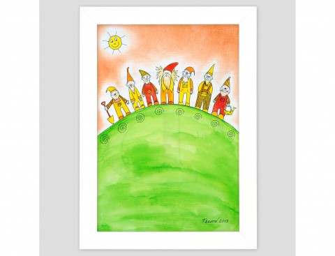 Sedm trpaslíků malovaný obrázek A4 do pro děti obraz pohádková dětský pohádka dítě dětské skřítek dětská postava reprodukce skřítkové dětského pokoje zahradník skřítci trpaslík trpaslíci pokojíku zahradníci trpaslíček trpaslíčci 