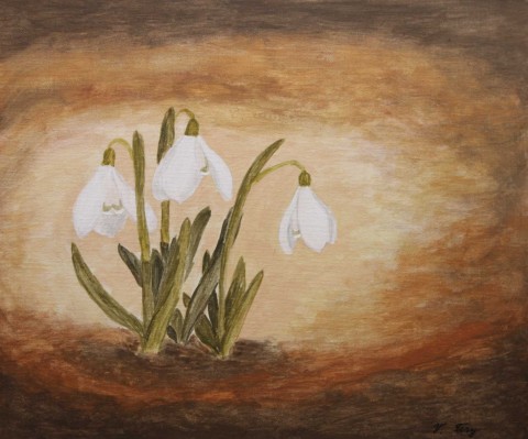Sněženky - 1. díl triptichu originální květina obraz listy jarní obrázek květ akryl sněženka triptych lakováno 