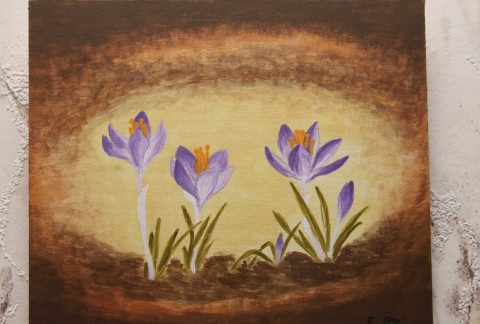 Krokusy - 3. díl triptichu originální květina obraz listy jarní obrázek květ akryl triptych krokusy lakováno 