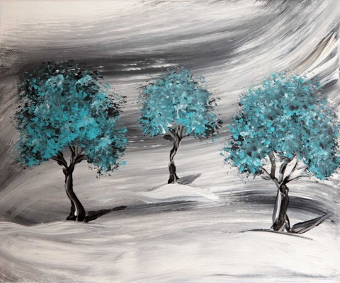 Tři bratři modrý originální sníh strom zima obraz malba krajina obrázek akryl stromy abstraktní plátno kmen větve listnatý listnáč 
