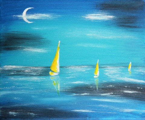 Na moři voda originální moře modrá obraz malba obrázek akryl plachetnice noc měsíc abstraktní mraky vlny lodě lakováno 