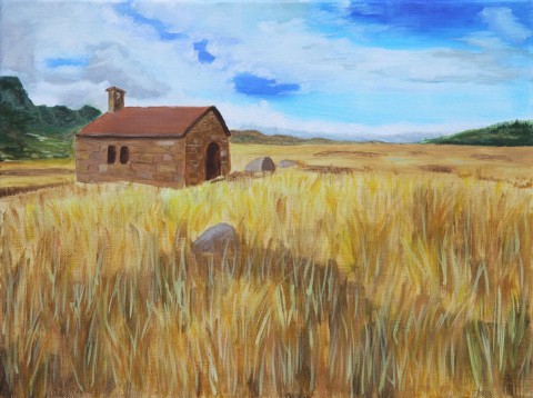 Opuštěný v poli obraz malba krajina hory obrázek dům tráva obloha domek pole mraky plátno kameny olejomalba pohoří stodola chatka 
