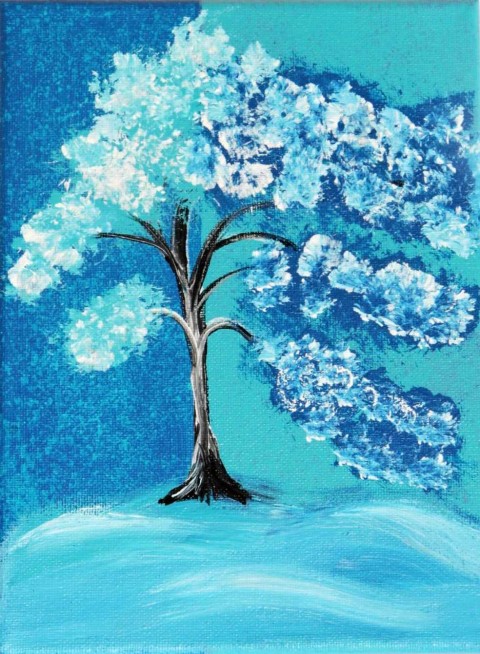Modrý strom originální sníh strom obraz krajina obrázek akryl stromy les abstrakce abstraktní plátno větve listnatý listnáč 